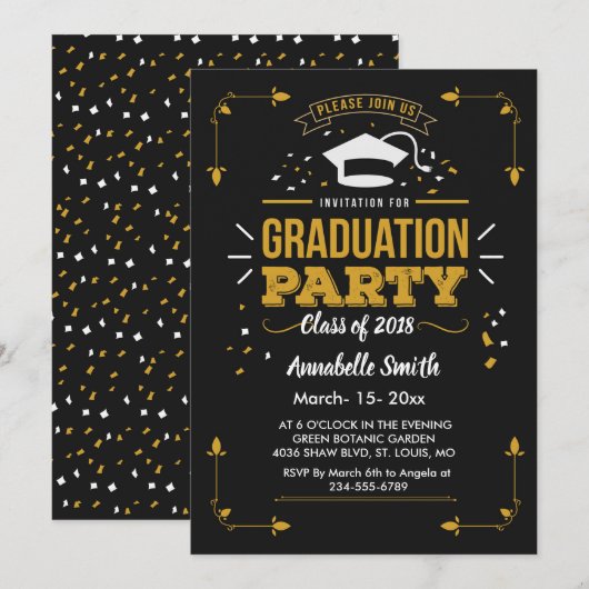 Elegant chique golden & zwart afstuderen kaart (Voorkant / Achterkant)