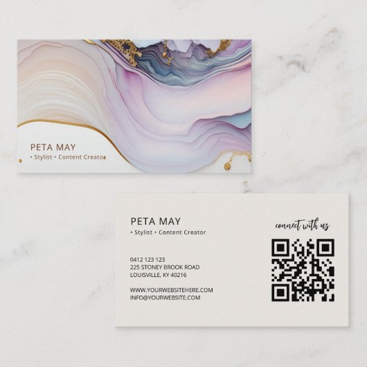 Elegant Chique Goud & Paarse Abstracte Aquarel QR Visitekaartje (Voorkant / Achterkant)