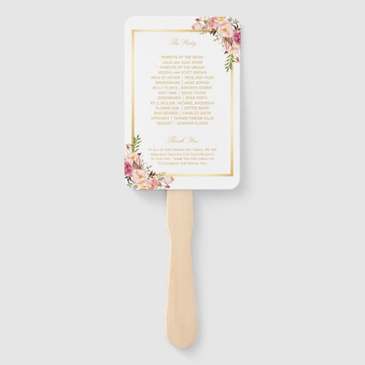 Elegant chique goud roze bloemenbruiloft programma handwaaier (Achterkant)