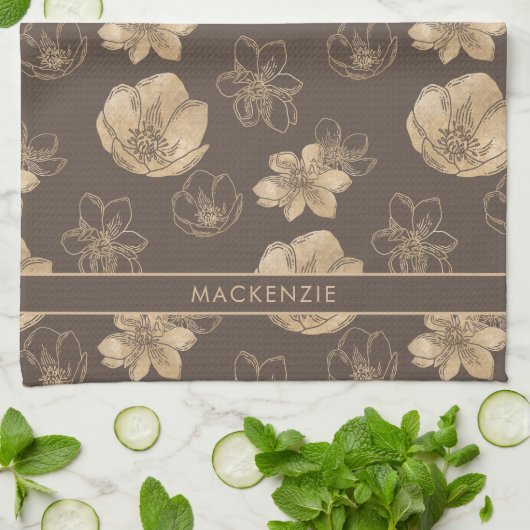 Elegant chique gouden folie bloemmotief monogram theedoek (Gevouwen)