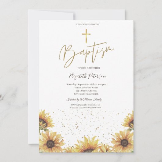 Elegant chique gouden kruis zonnebloemen doop kaart (Voorkant)