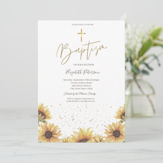 Elegant chique gouden kruis zonnebloemen doop kaart (Staand voorkant)