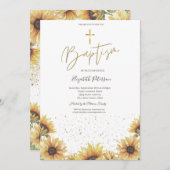 Elegant chique gouden kruis zonnebloemen doop kaart (Voorkant / Achterkant)