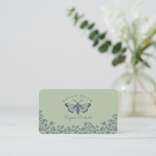 Elegant & Chique Groen & Blauw Bloemen & Moth Logo Visitekaartje (Staand voorkant)