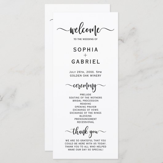 Elegant chique kalligrafie script bruiloft ceremon programmakaart (Voorkant / Achterkant)