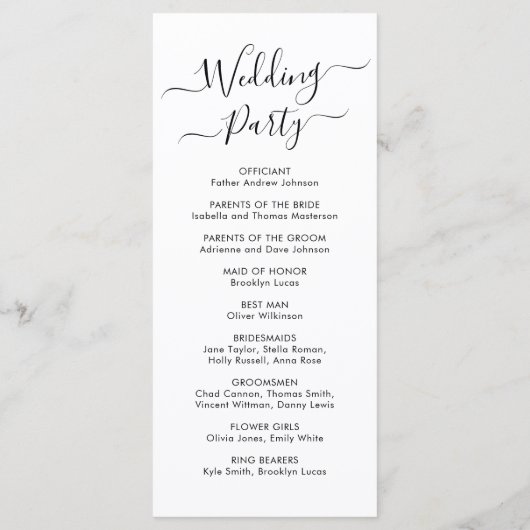 Elegant chique kalligrafie script bruiloft ceremon programmakaart (Achterkant)