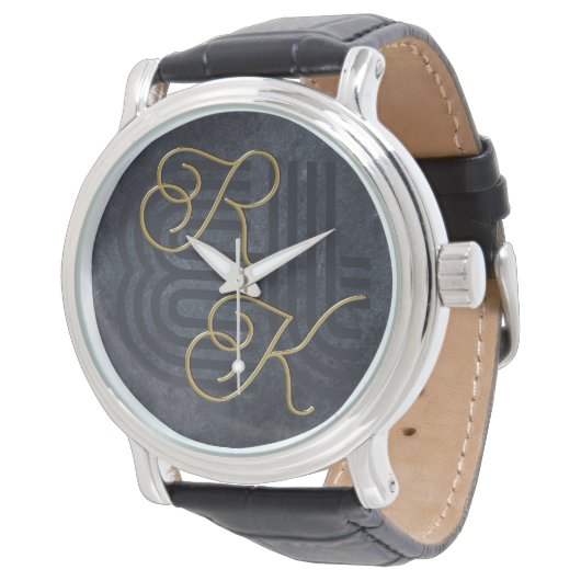 Elegant chique luxe houtskool zwart & goud monogra horloge (Gekanteld)