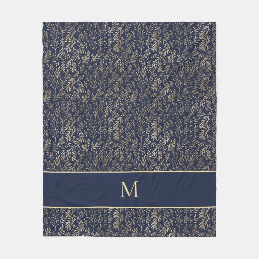 Elegant chique marine blauw goud bladeren monogram fleece deken (Voorkant)