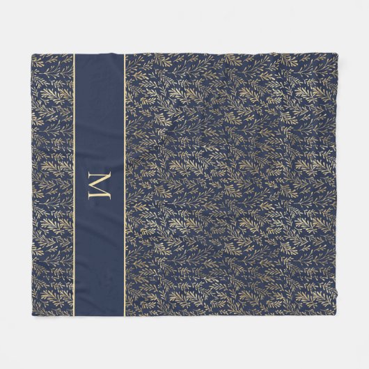 Elegant chique marine blauw goud bladeren monogram fleece deken (Voorkant (Horizontaal))