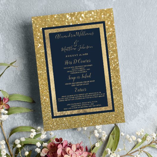 Elegant chique marine blauw goud glitter bruiloft  menu