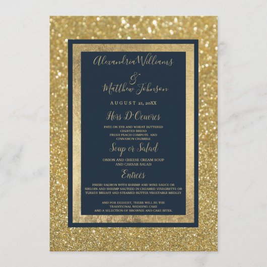 Elegant chique marine blauw goud glitter bruiloft  menu (Voorkant)