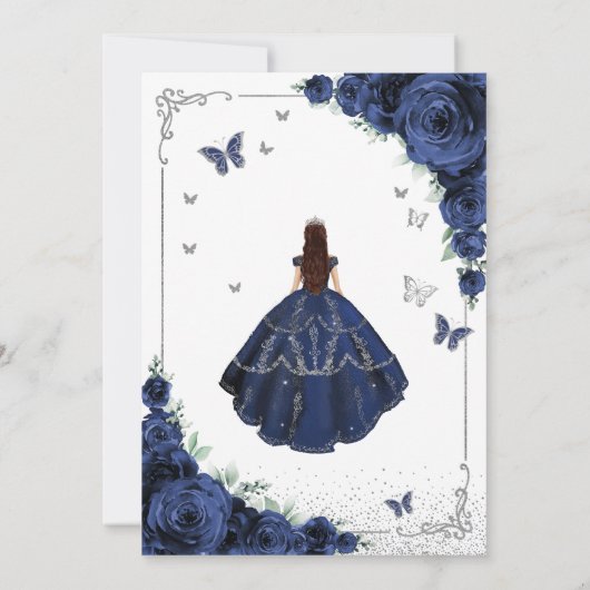 Elegant chique marine blauw zilver bloemige quince kaart (Achterkant)