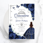 Elegant chique marine blauw zilver bloemige quince kaart<br><div class="desc">Marineblauw,  zilver en wit Quinceanera viering uitnodiging. Beschikt over brunette meisje in baljurk jurk,  script lettertype,  zilveren vlinders,  rozen en tiara. Perfect voor een elegante prinses stijl glam viering. Personaliseer met je eigen gegevens. Gedrukte Zazzle-uitnodigingen of direct download digitale afdrukbare sjabloon.</div>