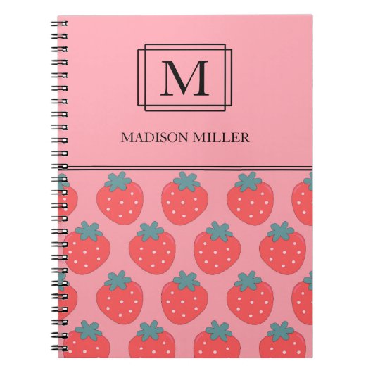 Elegant chique monogram aardbeien gepersonaliseerd notitieboek (Voorkant)
