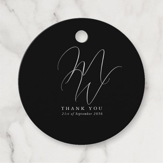 Elegant Chique Monogram Modern Zwart Bruiloft Bedankjes Labels (Voorkant)
