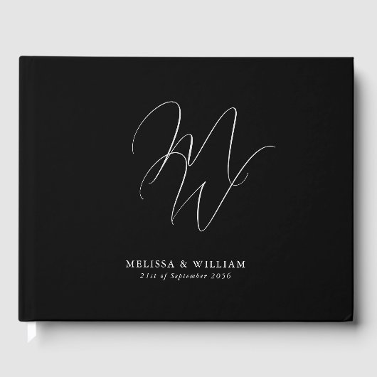 Elegant Chique Monogram Modern Zwart Bruiloft Gastenboek (Voorkant)