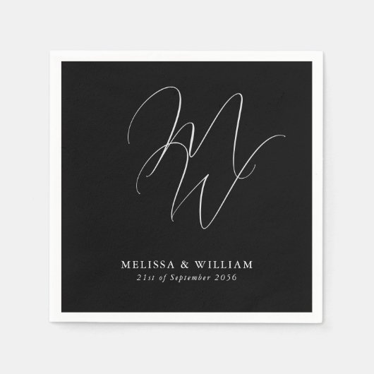 Elegant Chique Monogram Modern Zwart Bruiloft Servet (Voorkant)