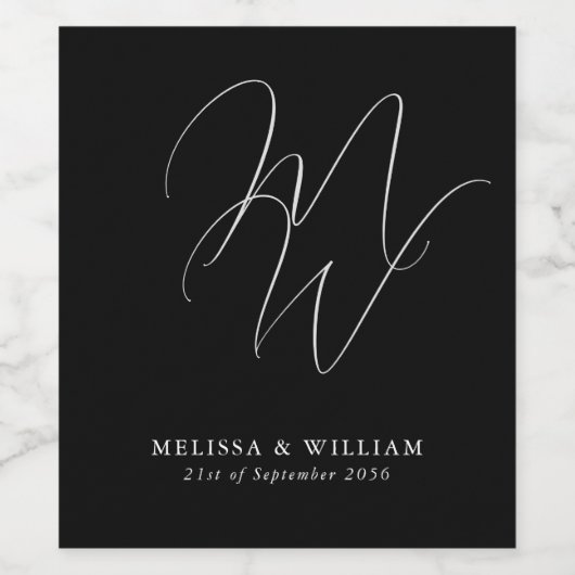 Elegant Chique Monogram Modern Zwart Bruiloft Wijn Etiket (Enkel label)