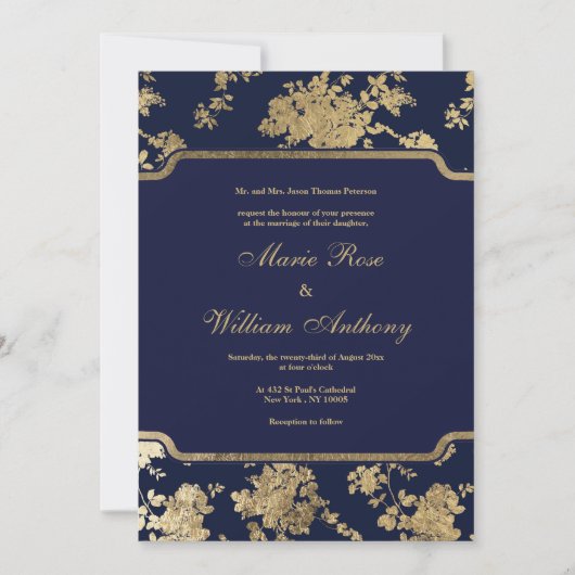 Elegant chique navy blauw faux goud bloemenbruilof kaart (Voorkant)