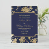 Elegant chique navy blauw faux goud bloemenbruilof kaart (Staand voorkant)