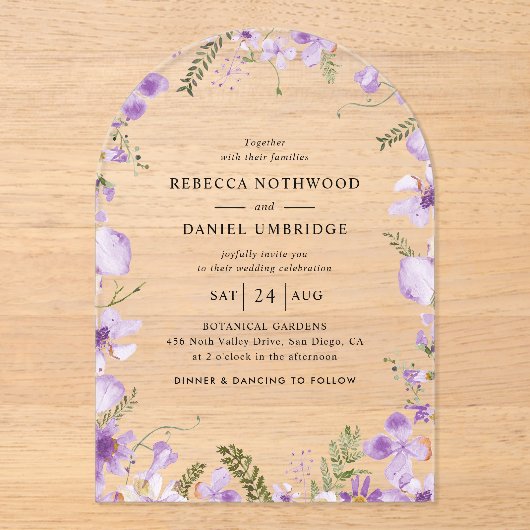 Elegant chique Paarse bruiloft Acryl Uitnodigingen (Voorkant)