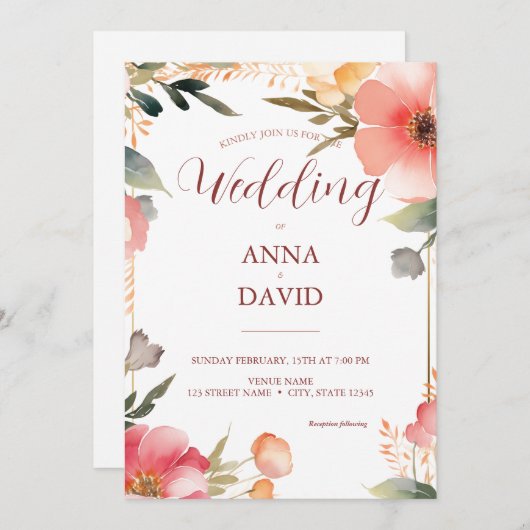 Elegant chique pastel bloemenbruiloft Waterverf Kaart (Voorkant / Achterkant)