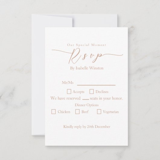 Elegant chique Roos bruiloft Diner Optie RSVP (Voorkant)