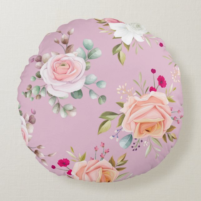 Elegant chique roze bloemig rond kussen (Voorkant)