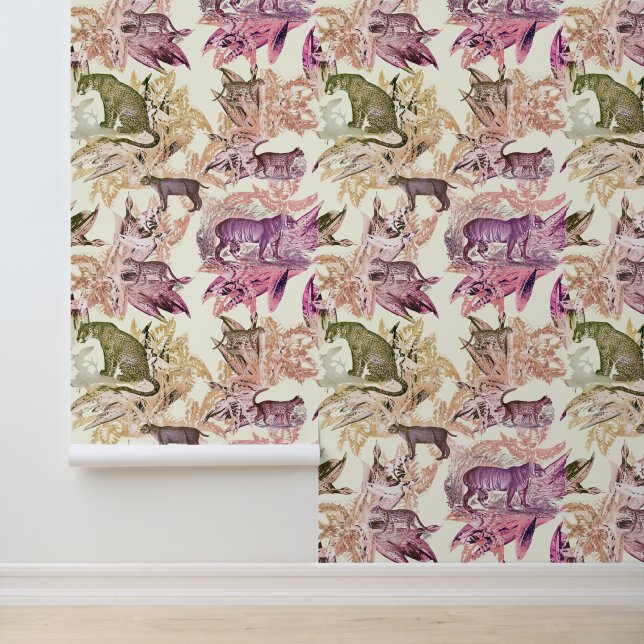 Elegant Chique  Roze Toile Wild Cats Oerwoud Behang (Applicatie)