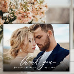 Elegant chique script 2 foto bruiloft dank u kaart<br><div class="desc">Elegante chique moderne Boho kalligrafie script bruiloft 2 foto dank u kaart. Stijlvolle bruiloft dank u sjabloon met een volledige verticale foto op de voorkant met de tekst "Thank You" in een grillige wervelende hand belettering typografie script swash tail font in witte overlay op het afbeelding en een achterkant een...</div>