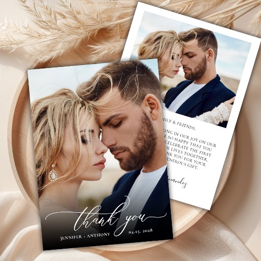 Elegant chique script 2 foto bruiloft dank u kaart