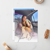 Elegant chique script Bedankt afstuderen 2 foto's Notitiekaartje (Voorkant / Achterkant in situ)