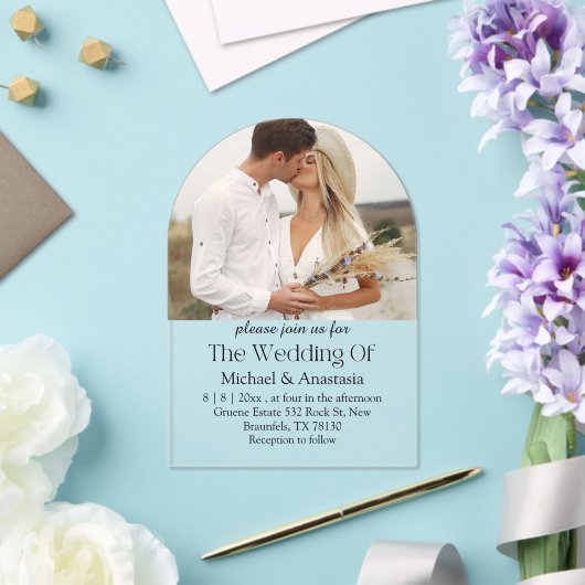 Elegant chique script Boho Arch foto bruiloft boog Acryl Uitnodigingen (Insitu (Huwelijk))