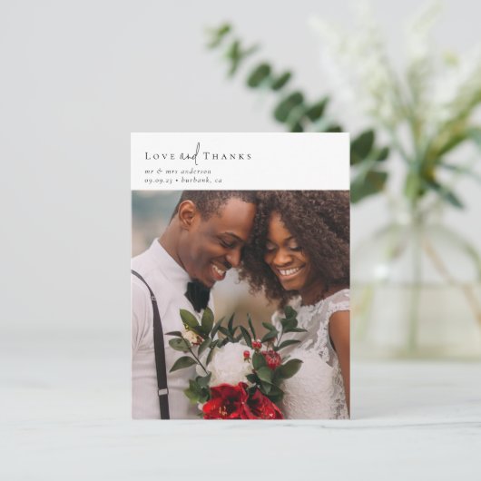 Elegant chique script bruiloft foto dank u briefkaart (Staand voorkant)
