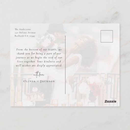 Elegant chique script bruiloft foto dank u briefkaart (Achterkant)