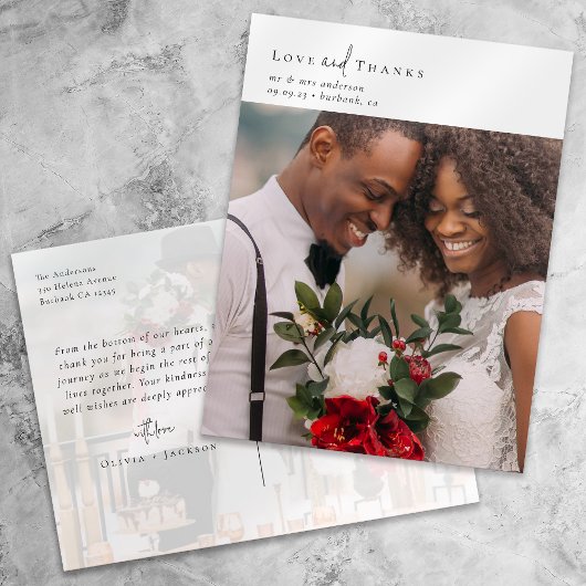 Elegant chique script bruiloft foto dank u briefkaart