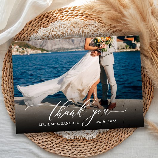 Elegant chique script foto bruiloft dank u kaart