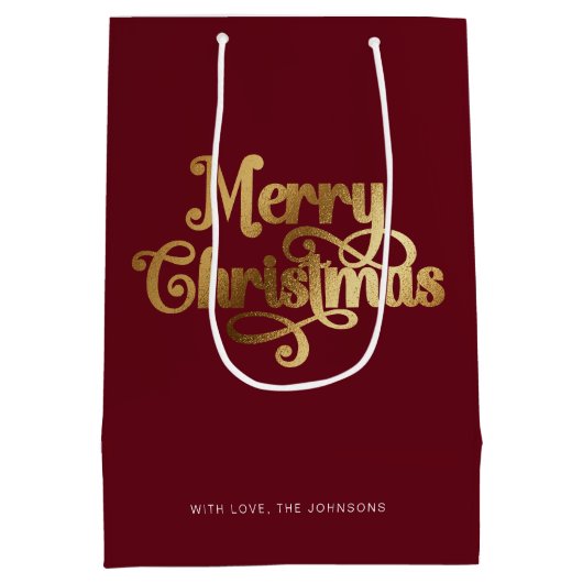 Elegant chique script rood goud vrolijk kerstfeest medium cadeauzakje (Achterkant)
