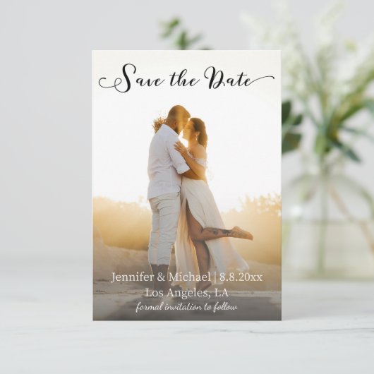 Elegant chique script vervaagde foto bruiloft save the date (Staand voorkant)