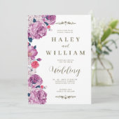 Elegant chique stoffige paarse bloemenbruiloft kaart (Staand voorkant)
