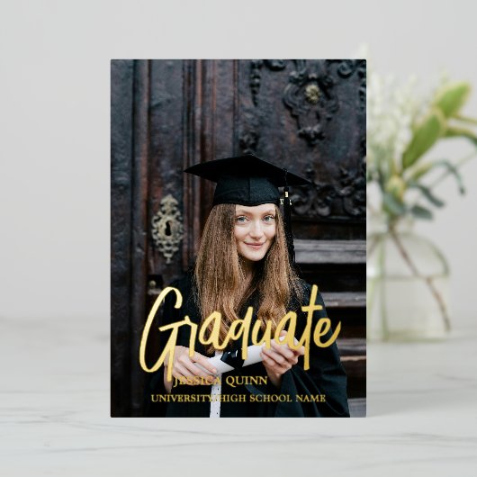 Elegant chique typografie afstudeerfeest folie uitnodiging (Staand Voorkant)