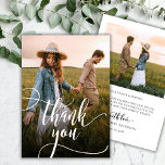 Elegant chique typografie Script 2 foto bruiloft Bedankkaart<br><div class="desc">Moderne Boho Chic Kalligrafie Script 2 Foto Bruiloft Dank je Kaart. Stijlvolle bruiloft dank u sjabloon met een volledige verticale foto op de voorkant met de tekst "Thank You" in een grillige wervelende hand belettering typografie swash tail font script witte overlay op het afbeelding. Aan de achterkant pre-made bedankbericht met...</div>