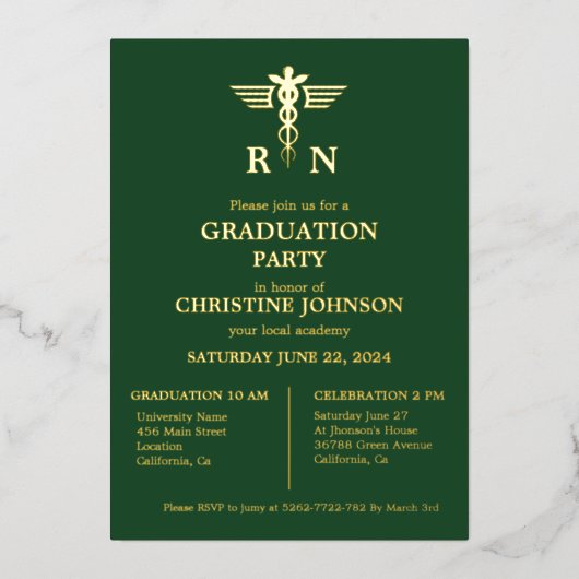 Elegant chique typografie verpleegkundige afstudee folie uitnodiging (Voorkant)