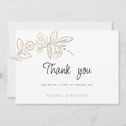 Elegant chique wit goud eenvoudige bloemen Dank u Kaart (Voorkant)