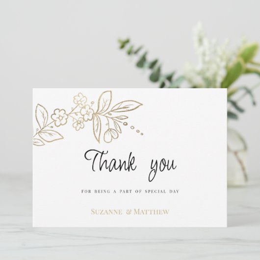 Elegant chique wit goud eenvoudige bloemen Dank u Kaart (Staand voorkant)