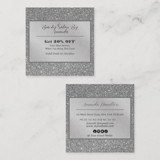 Elegant chique zilveren folie glitter glamoureuze  kortingskaartje (Voorkant / Achterkant)