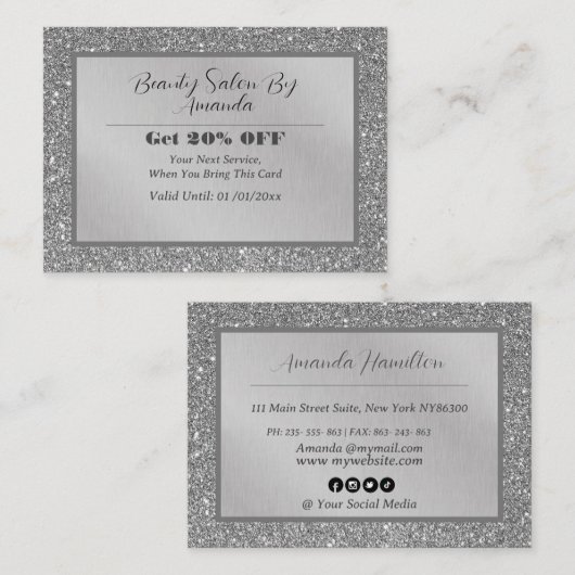 Elegant chique zilveren folie glitter glamoureuze  kortingskaartje (Voorkant / Achterkant)