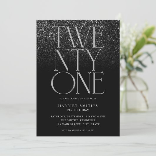 Elegant chique zwart 21e verjaardagsfeestje kaart (Staand voorkant)
