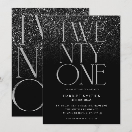 Elegant chique zwart 21e verjaardagsfeestje kaart (Voorkant / Achterkant)