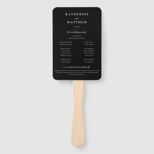 Elegant chique zwart bruiloft ceremonie programma handwaaier (Voorkant)